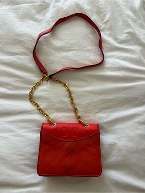 Tory Burch Coral Quilted Leather Crossbody with Gold Chain
